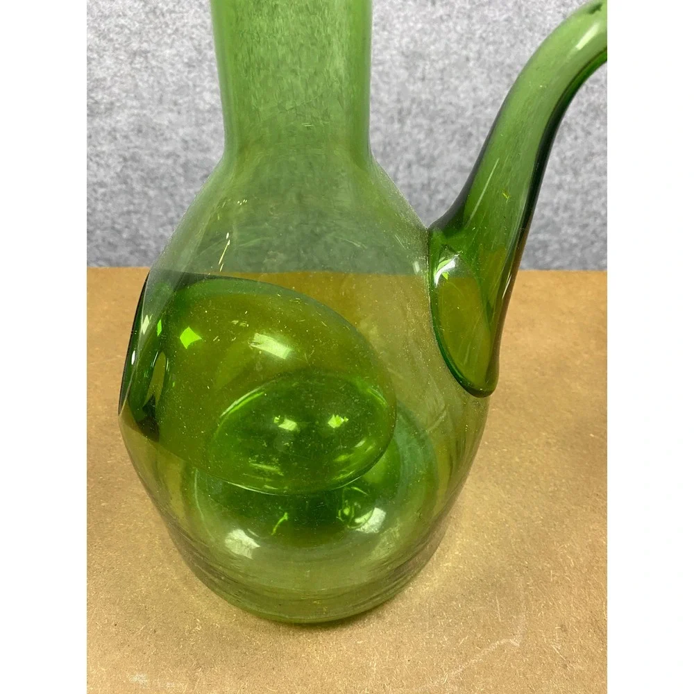 Vintage Green Hand Blown Glass Wine Decanter Porron with Ice Chamber and Stopper